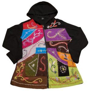 BT Handmade in Nepal Full Zip Hoodie Floral Patchwork Women's Medium M Pre-owned